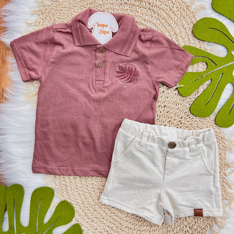 Conj. Camiseta Gola Polo Be Kind to Nature e Bermuda em Linho - Bordô e Areia